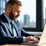 A professional male adult in a modest business suit, sitting at a modern desk in a well-lit office, focused on a laptop screen displaying strategic data. The background is a blurred cityscape through large windows. Professional photography, high-resolution, sharp focus, natural lighting, perfect anatomy, correct proportions, natural pose, well-formed hands, proper finger count, natural body proportions, fully clothed, modest clothing, appropriate attire, professional dress, safe for work, appropriate content.