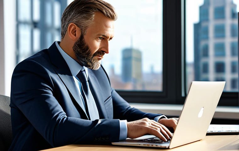 A professional male adult in a modest business suit, sitting at a modern desk in a well-lit office, focused on a laptop screen displaying strategic data. The background is a blurred cityscape through large windows. Professional photography, high-resolution, sharp focus, natural lighting, perfect anatomy, correct proportions, natural pose, well-formed hands, proper finger count, natural body proportions, fully clothed, modest clothing, appropriate attire, professional dress, safe for work, appropriate content.