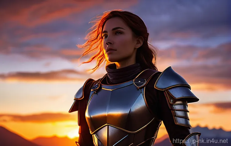 나이트크로우 인게임 스크린샷 팁 - **Prompt Title: Grand Sunset Vista**
    **Description:** A lone female adventurer, presented in a l...