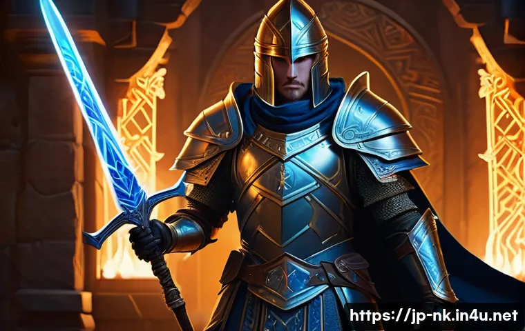 나이트크로우 무기 강화법 - **Prompt:** A triumphant fantasy warrior, gender-neutral, stands in a majestic, softly glowing forge...