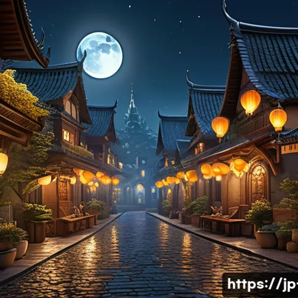 나이트크로우 타 게임과의 차별점 - A richly detailed fantasy cityscape at night under a full moon, illuminated by soft glowing lanterns...