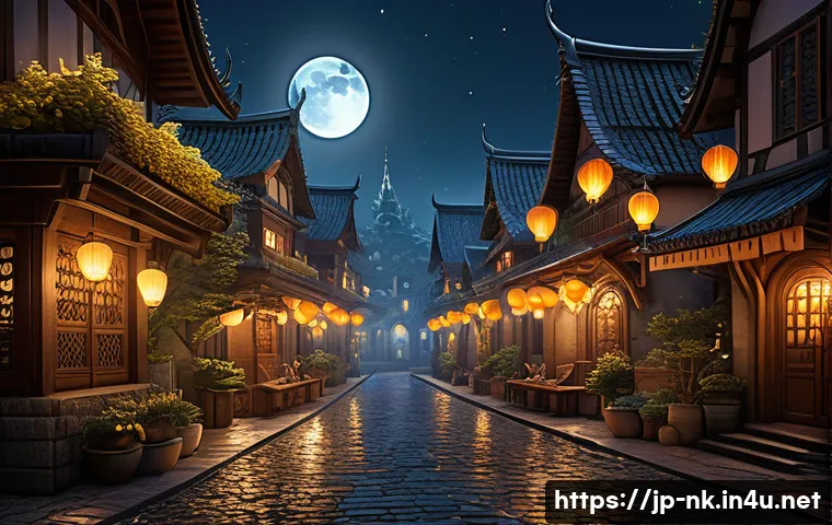 나이트크로우 타 게임과의 차별점 - A richly detailed fantasy cityscape at night under a full moon, illuminated by soft glowing lanterns...