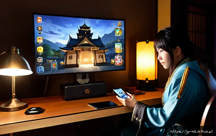 나이트크로우 복귀 유저 지원 - Photorealistic Japanese adult returning to a fantasy mobile game at a tidy home desk, holding a smar...