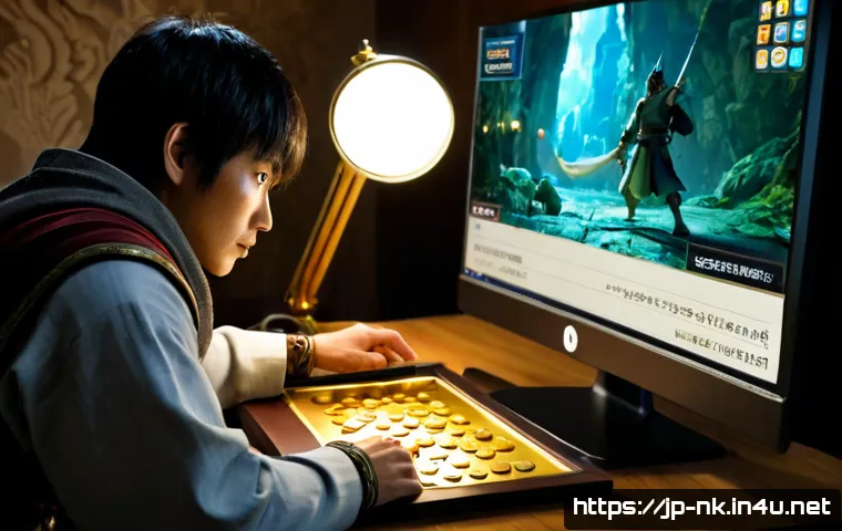 나이트크로우 골드 수급 방법 - Photorealistic fantasy game-inspired scene of a focused Japanese adult gamer at a clean desk, viewin...