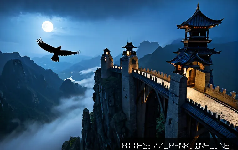 나이트크로우 세계관 탐구 - Photorealistic dark medieval fantasy citadel perched on jagged mountain cliffs at twilight, black-wi...