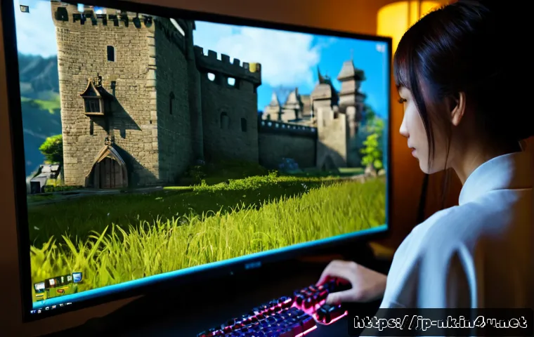 나이트크로우 그래픽 설정 팁 - Photorealistic over-the-shoulder view of an adult Japanese gamer adjusting visual settings on a larg...