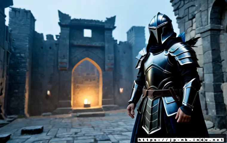 나이트크로우 방어구 세트 효과 - Photorealistic dark fantasy game scene, a lone armored warrior standing in a moonlit ruined fortress...